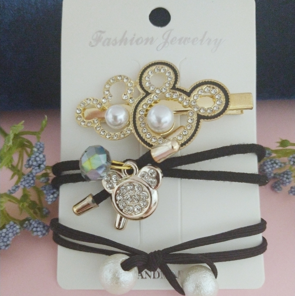 NWT Rhinestone Pearl Mickey Mouse Hair Accessories